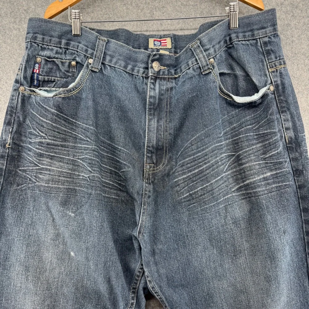 Phat Farm Denim Jeans Mens 39 x 30 Blue Vintage Graphic Back Pocket Whiskered